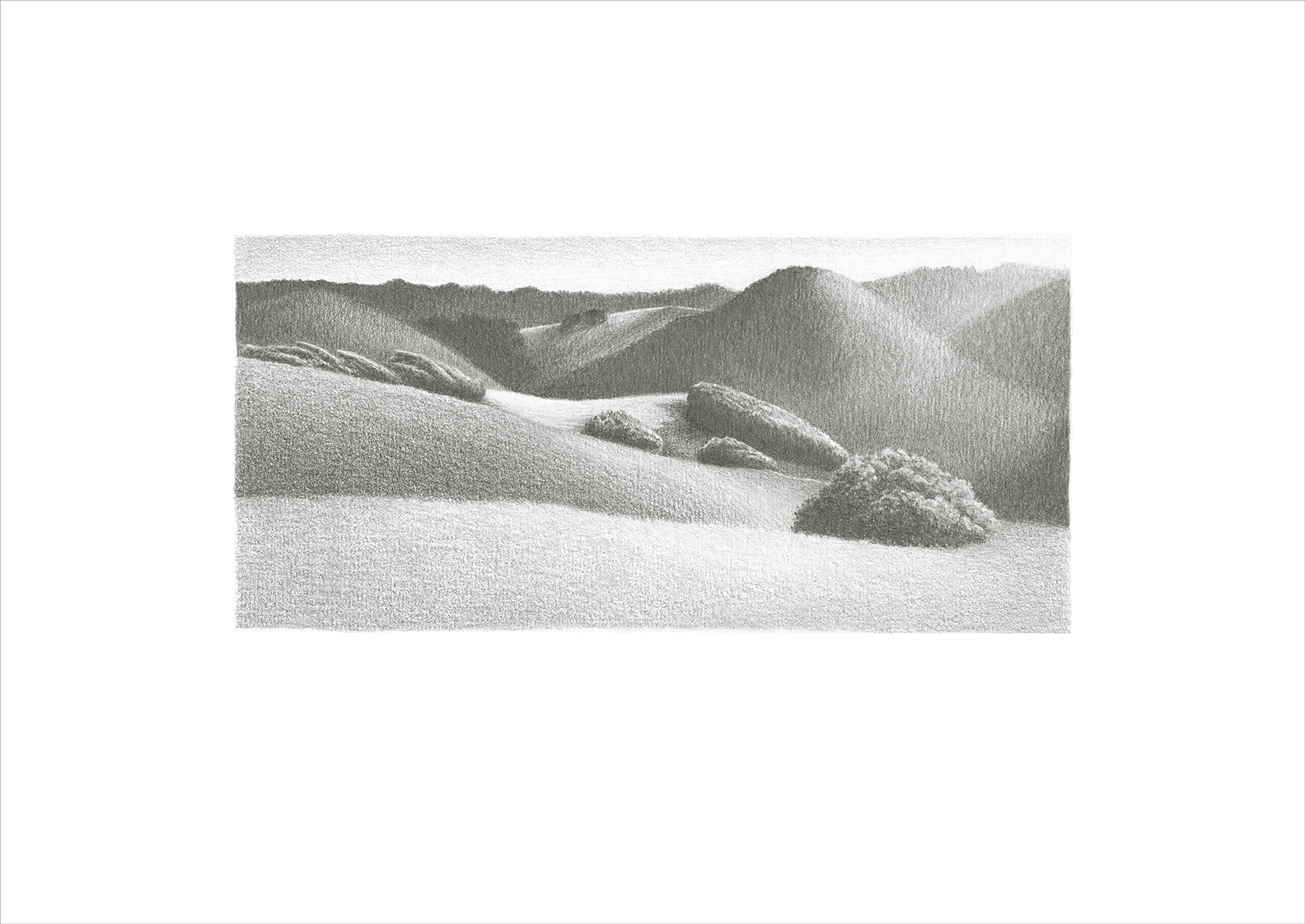 Windswept Hills, a graphite drawing by Britta Butler